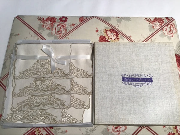 8 NOS, in box, ecru linen cutwork cocktail napkins