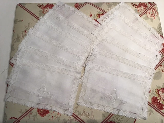 12 vintage pristine white linen/lace/embroidery cocktail napkins,