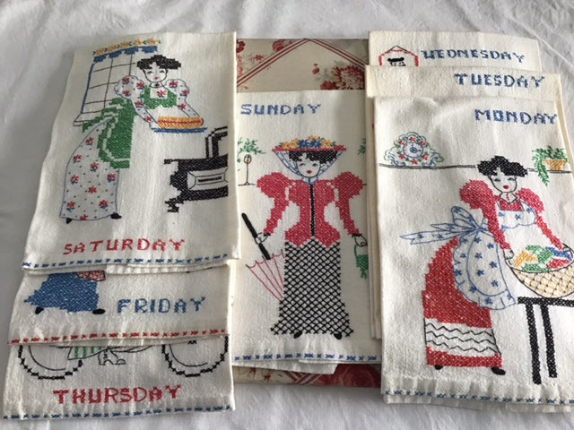 7 vintage "Day of the Week" cross-stitch kitchen towels SOLD