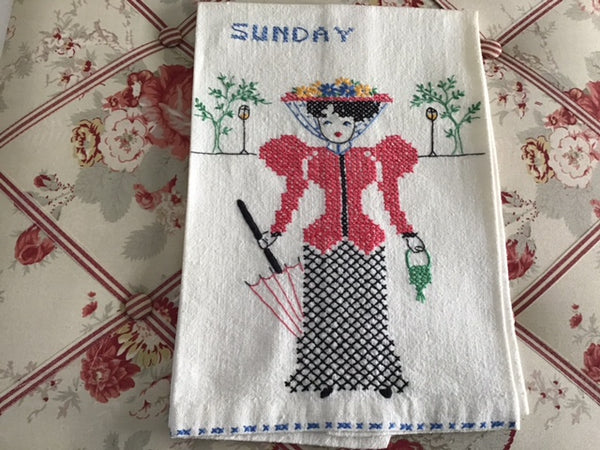 7 vintage "Day of the Week" cross-stitch kitchen towels SOLD