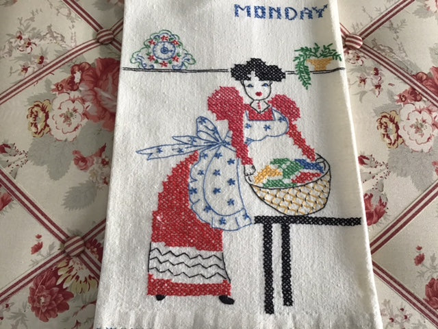 7 vintage "Day of the Week" cross-stitch kitchen towels SOLD