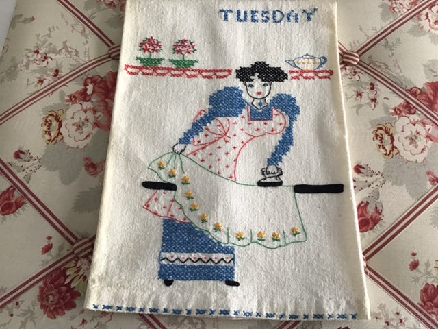 7 vintage "Day of the Week" cross-stitch kitchen towels SOLD