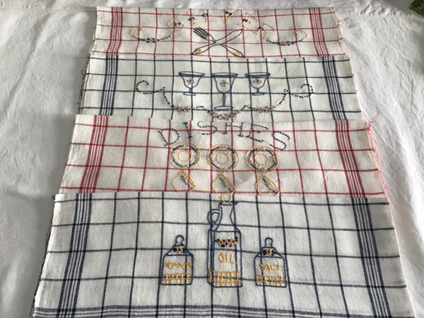 4 red/white (2) and blue/white (2) embroidered linen tea towels