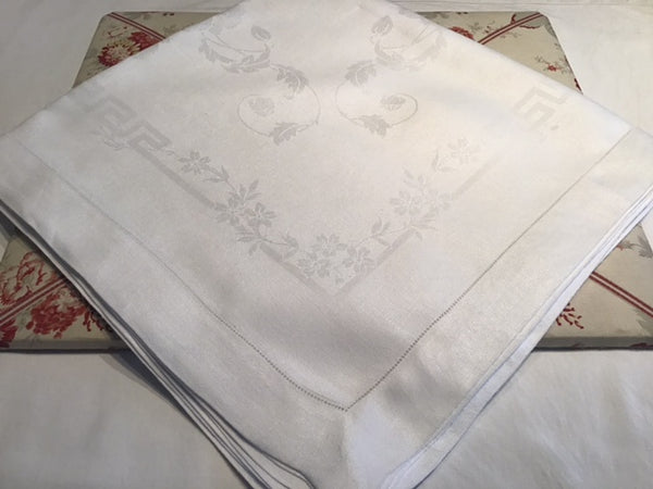 Square white vintage linen damask table cloth with hemstitch