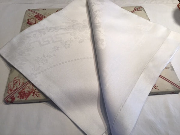 Square white vintage linen damask table cloth with hemstitch