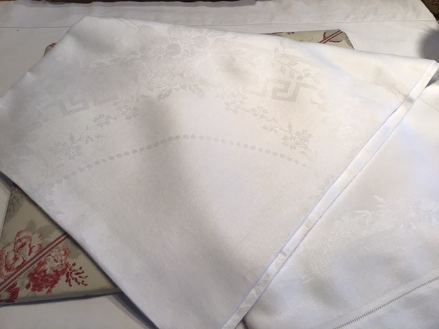 Square white vintage linen damask table cloth with hemstitch