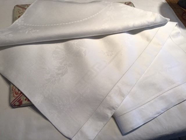 Square white vintage linen damask table cloth with hemstitch