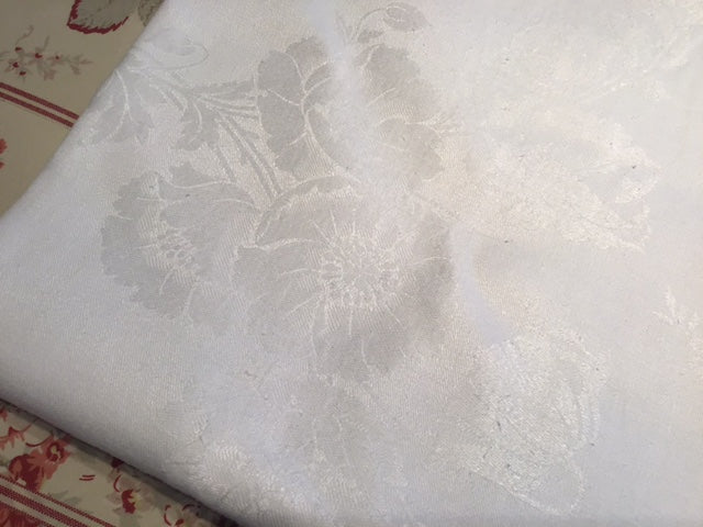 Square white vintage linen damask table cloth with hemstitch