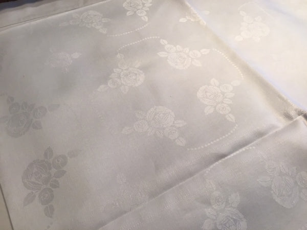 Square white vintage linen damask table cloth with Roses and Butterflies