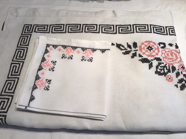 Gorgeous used vintage heavy linen cross-stitch embroidered table cloth plus napkins