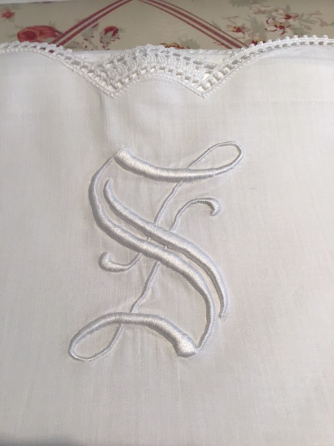 Vintage cotton sheet with crochet border and monogram "S"