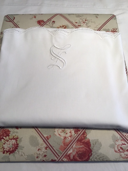 Vintage cotton sheet with crochet border and monogram "S"