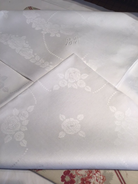 Square white vintage linen damask table cloth with Roses and Butterflies