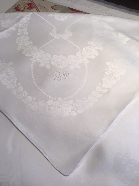 Square white vintage linen damask table cloth with Roses and Butterflies