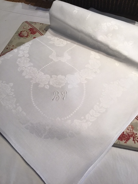 Square white vintage linen damask table cloth with Roses and Butterflies